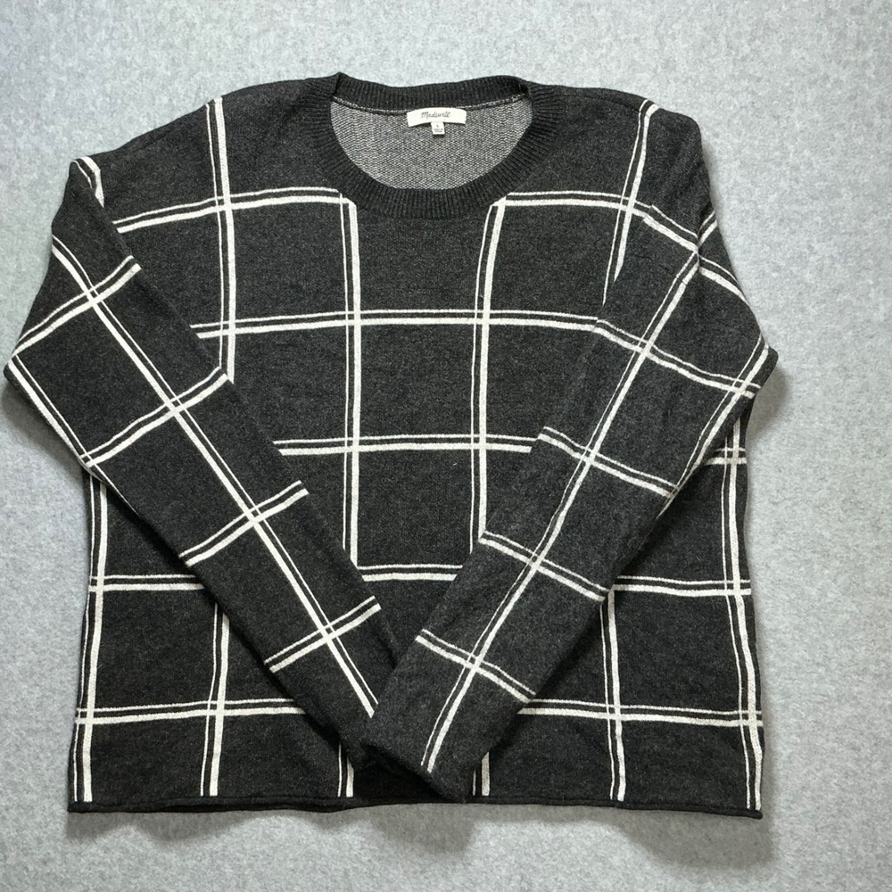 Madewell Womens Windowpane Plaid Crewneck Sweater Gray White Long Sleeve Size L